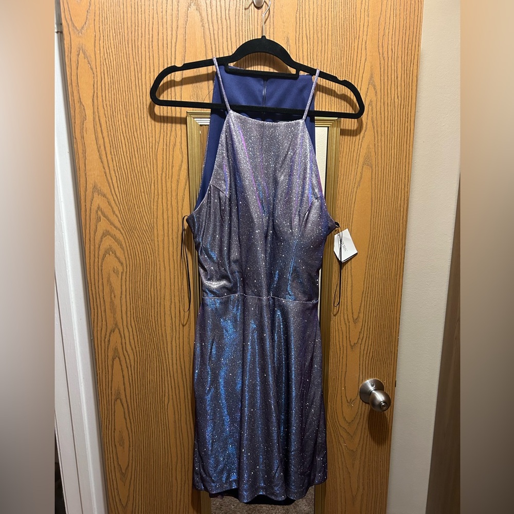 Morgan & Co David’s Bridal Backless Sleeveless High Neck Mini Prom Dress